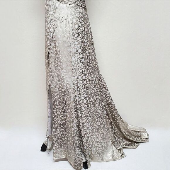 SATIN Snakeskin Silver Sequin Beaded Backless Side Slit Racerback Maxi Dress XS - Picture 11 of 16